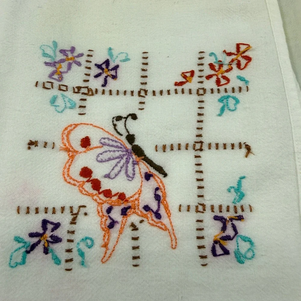 Vtg Hand Embroidered LARGE Butterfly Tea Towels Set of 3‎ White Cotton Floral